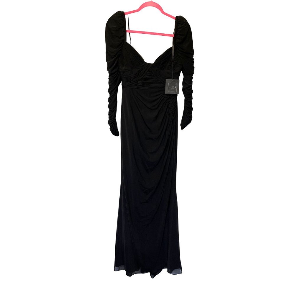 Ieena For Mac Duggal Size 2 Black Long Sleeve Ruched Gown With Draped Bodice